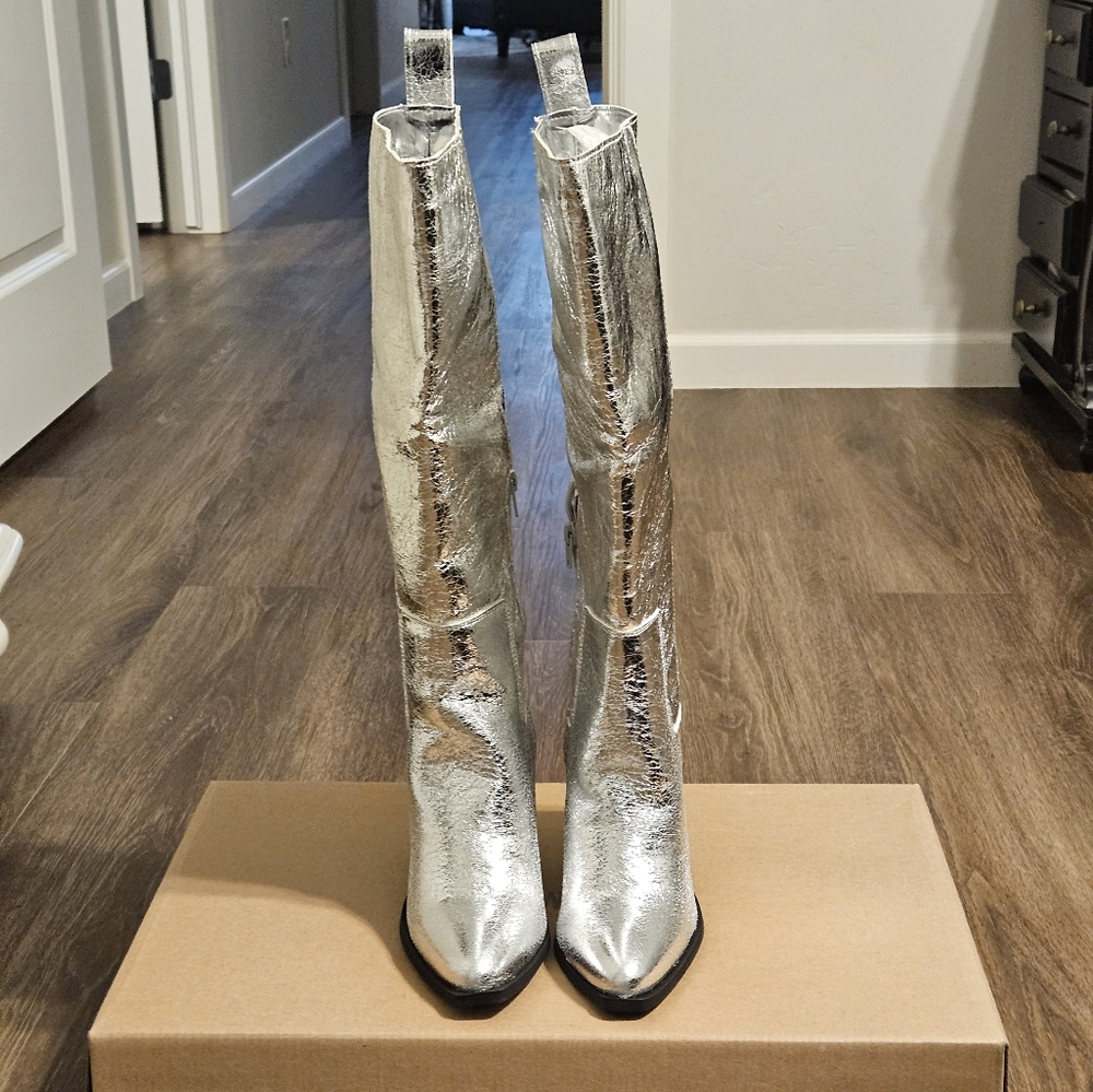 Steve Madden Seven Silver Metallic Leather Knee High Boots 7.5 - Picture 12 of 15